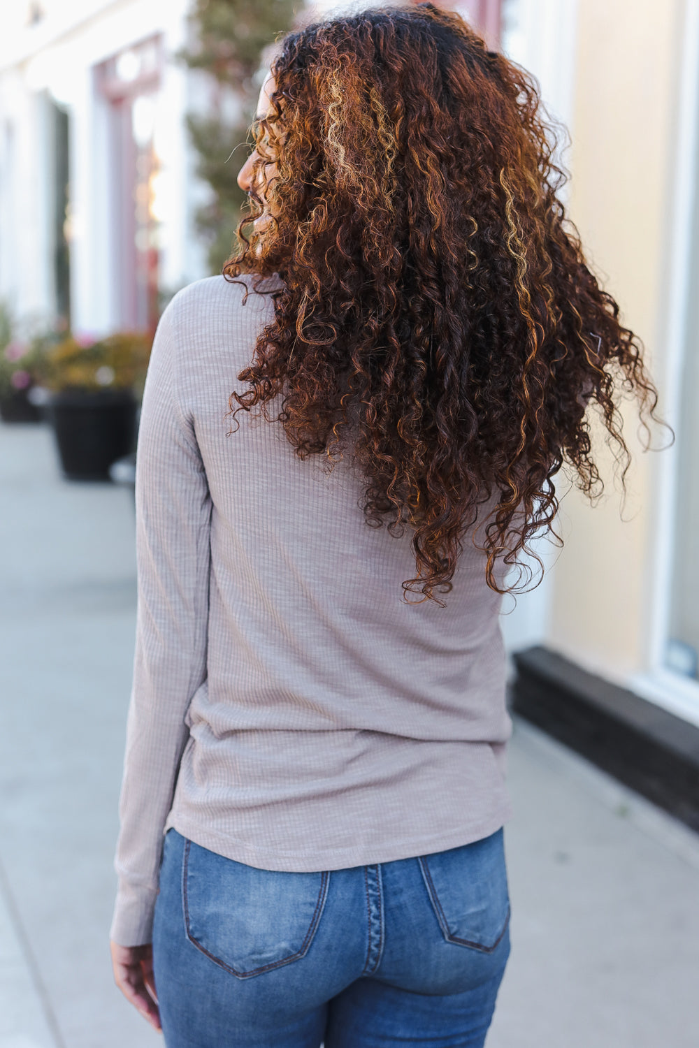 Taupe Cotton Blend Rib Crochet Button Down Pullover