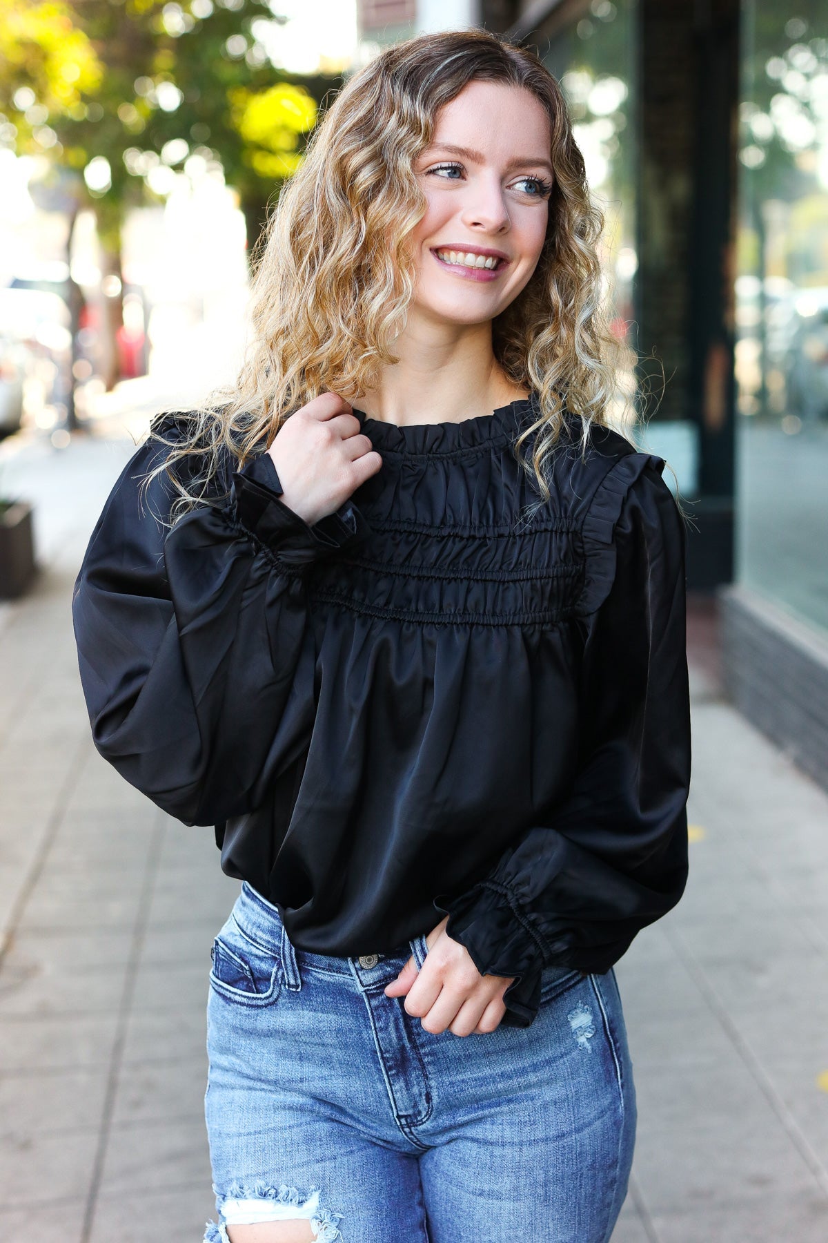 Haptics Black Satin Shirred Yoke Frilled Mock Neck Top