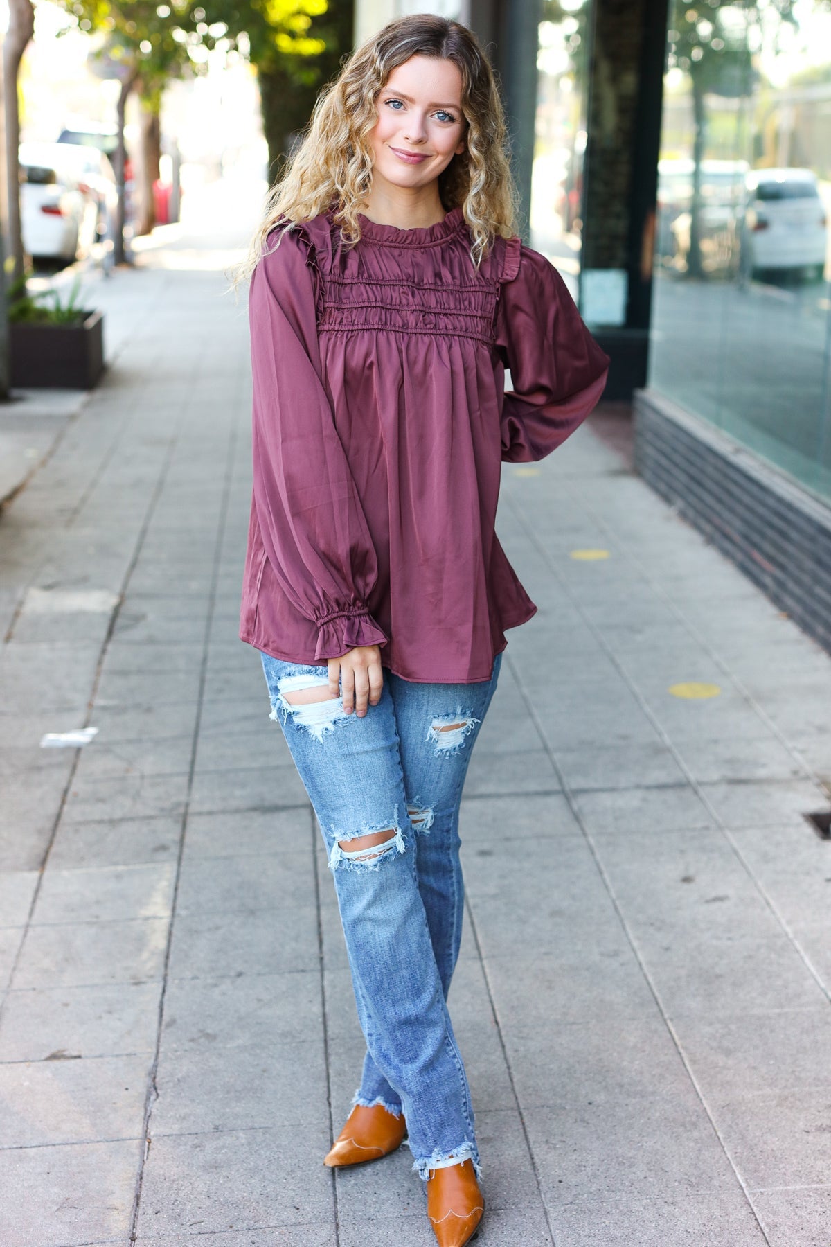 Haptics Wine Satin Shirred Yoke Frilled Mock Neck Top