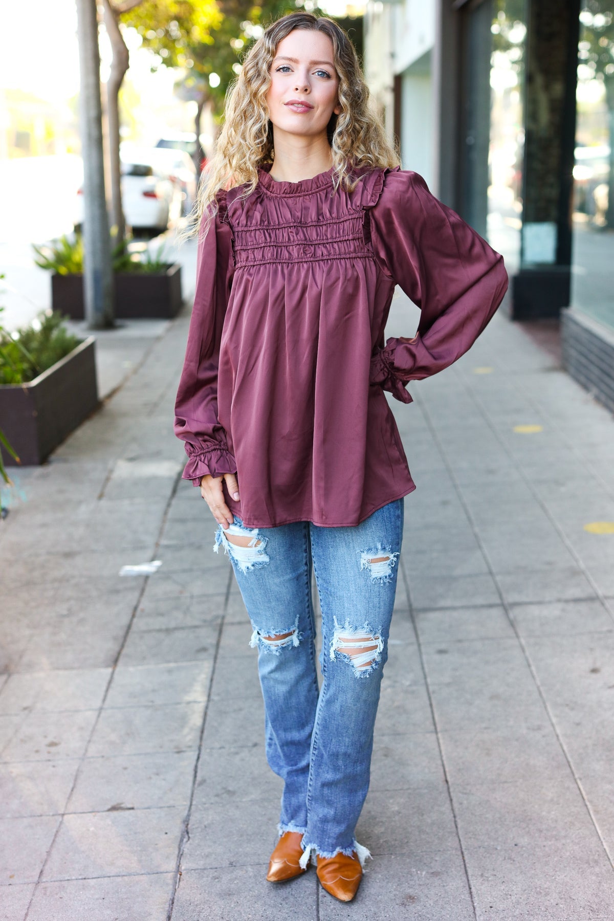 Haptics Wine Satin Shirred Yoke Frilled Mock Neck Top