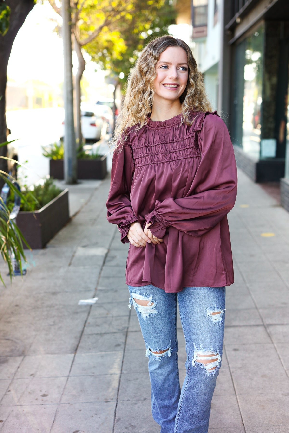 Haptics Wine Satin Shirred Yoke Frilled Mock Neck Top