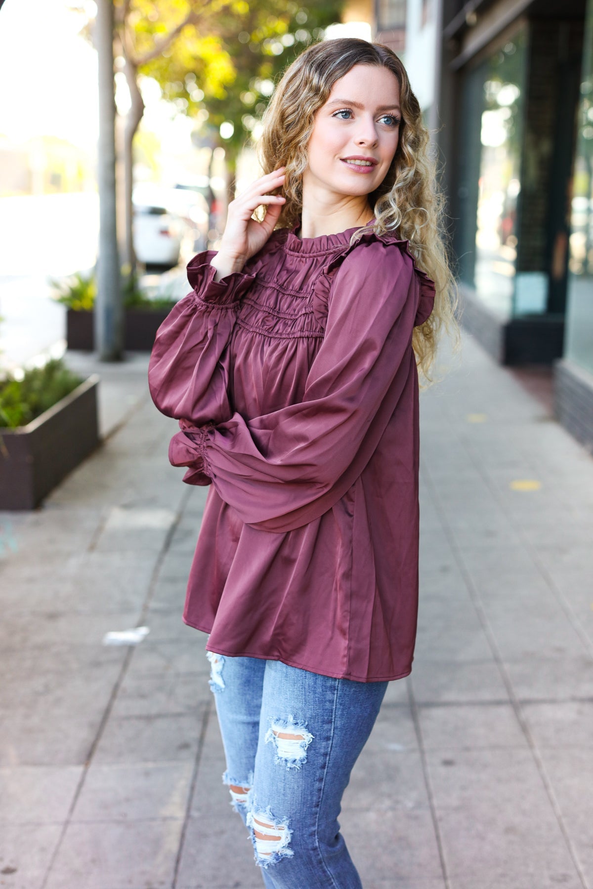 Haptics Wine Satin Shirred Yoke Frilled Mock Neck Top