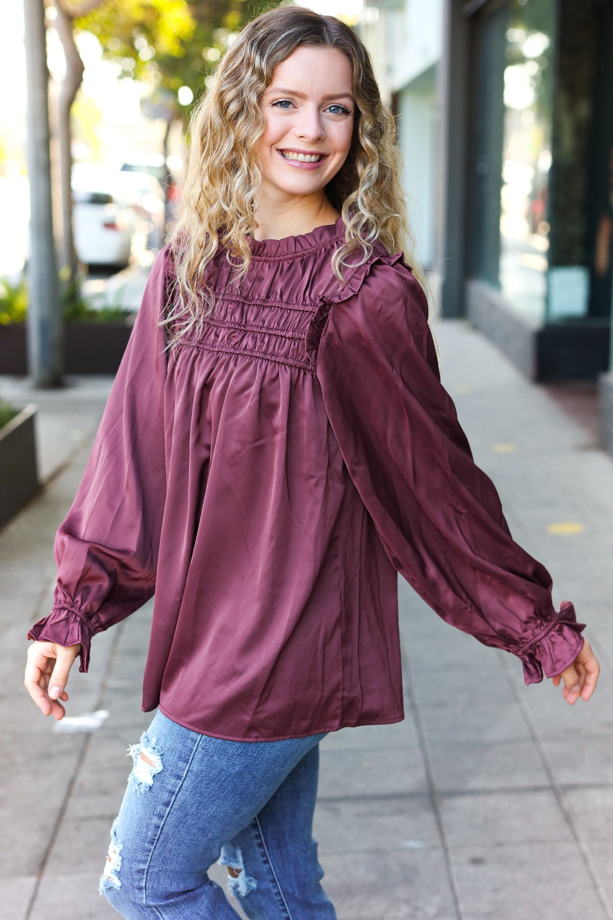 Haptics Wine Satin Shirred Yoke Frilled Mock Neck Top