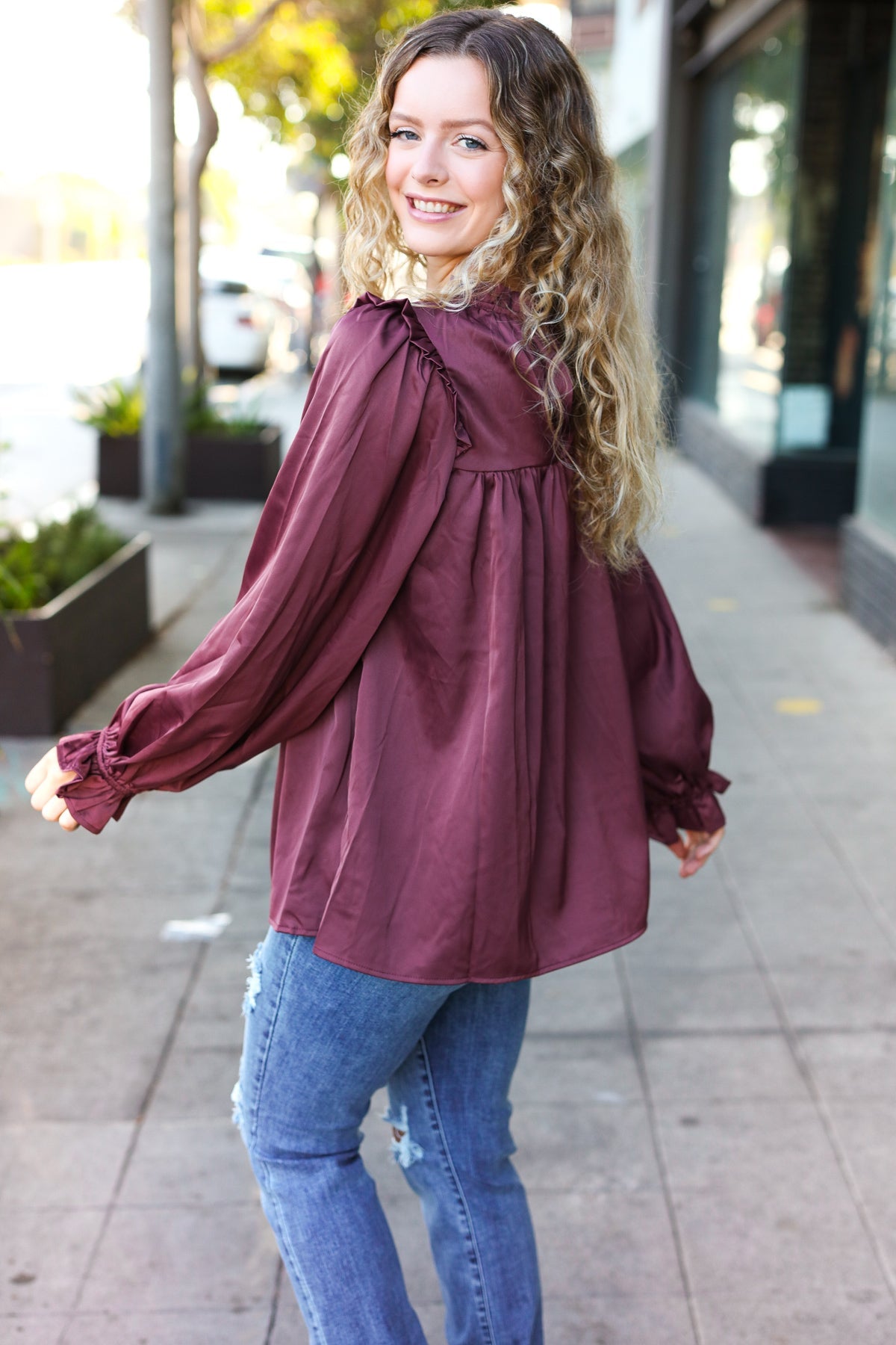 Haptics Wine Satin Shirred Yoke Frilled Mock Neck Top