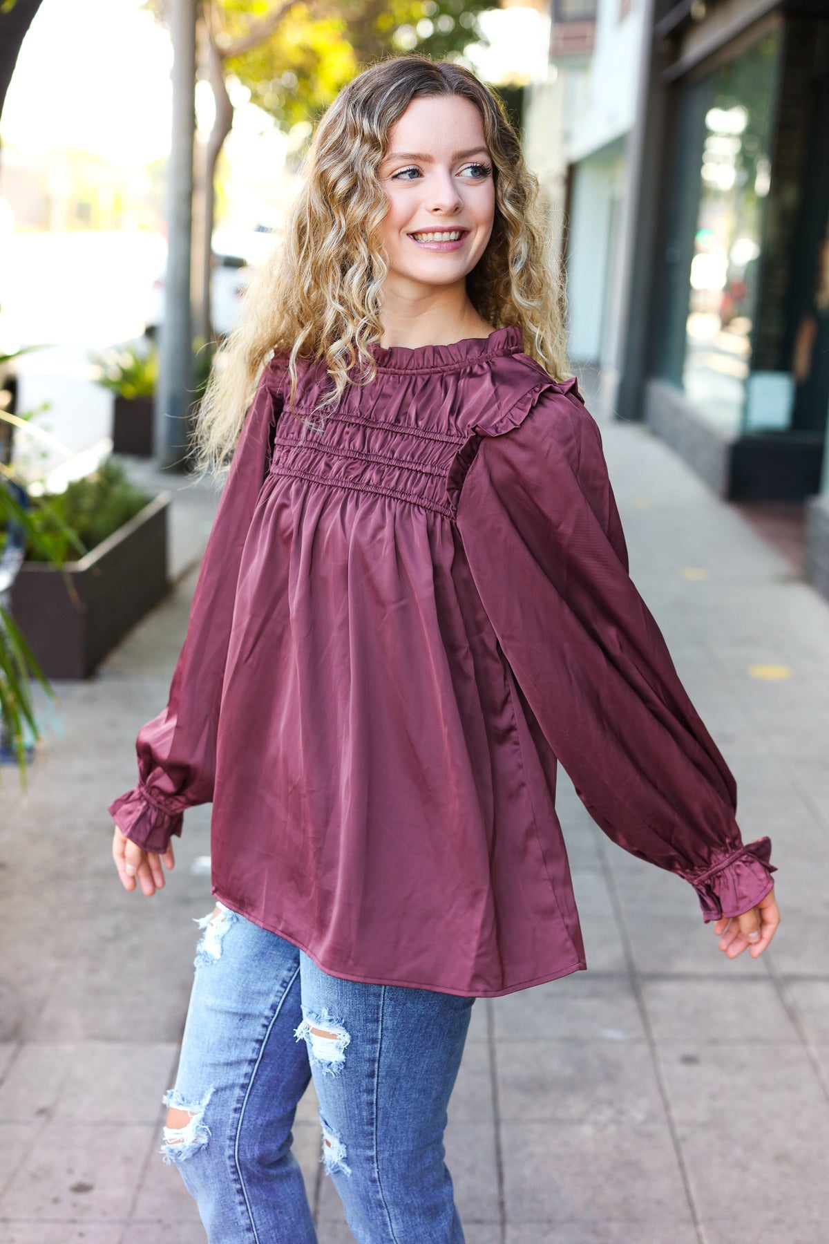 Haptics Wine Satin Shirred Yoke Frilled Mock Neck Top