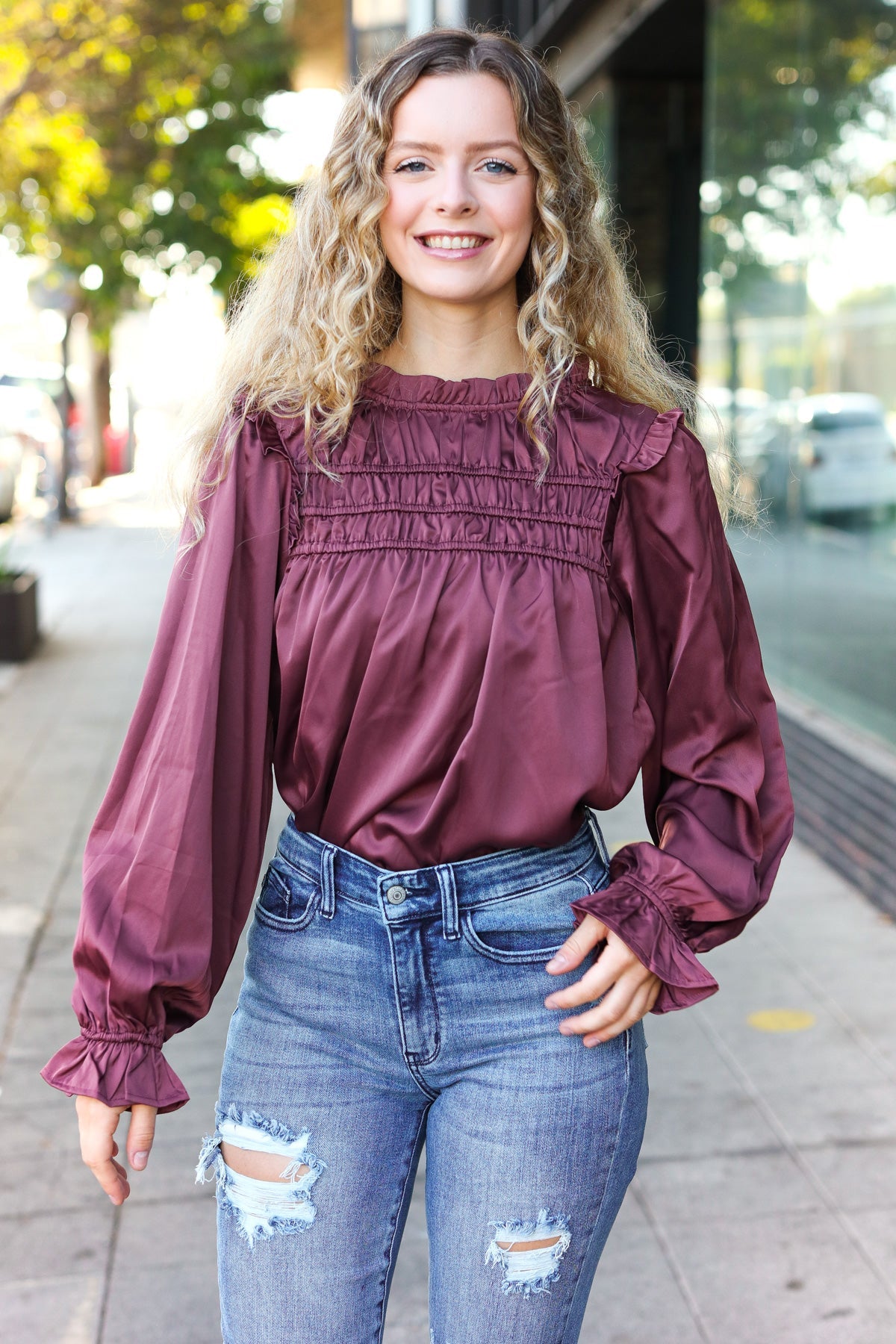 Haptics Wine Satin Shirred Yoke Frilled Mock Neck Top