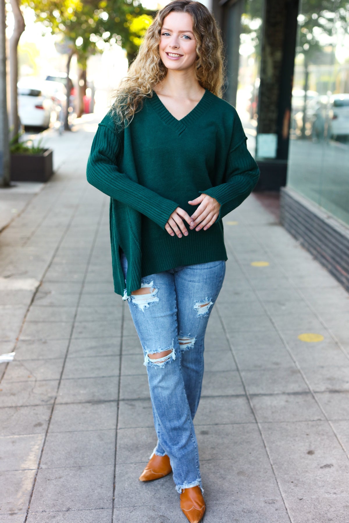 Haprics Hunter Green Oversized V Neck Rib Knit Sweater