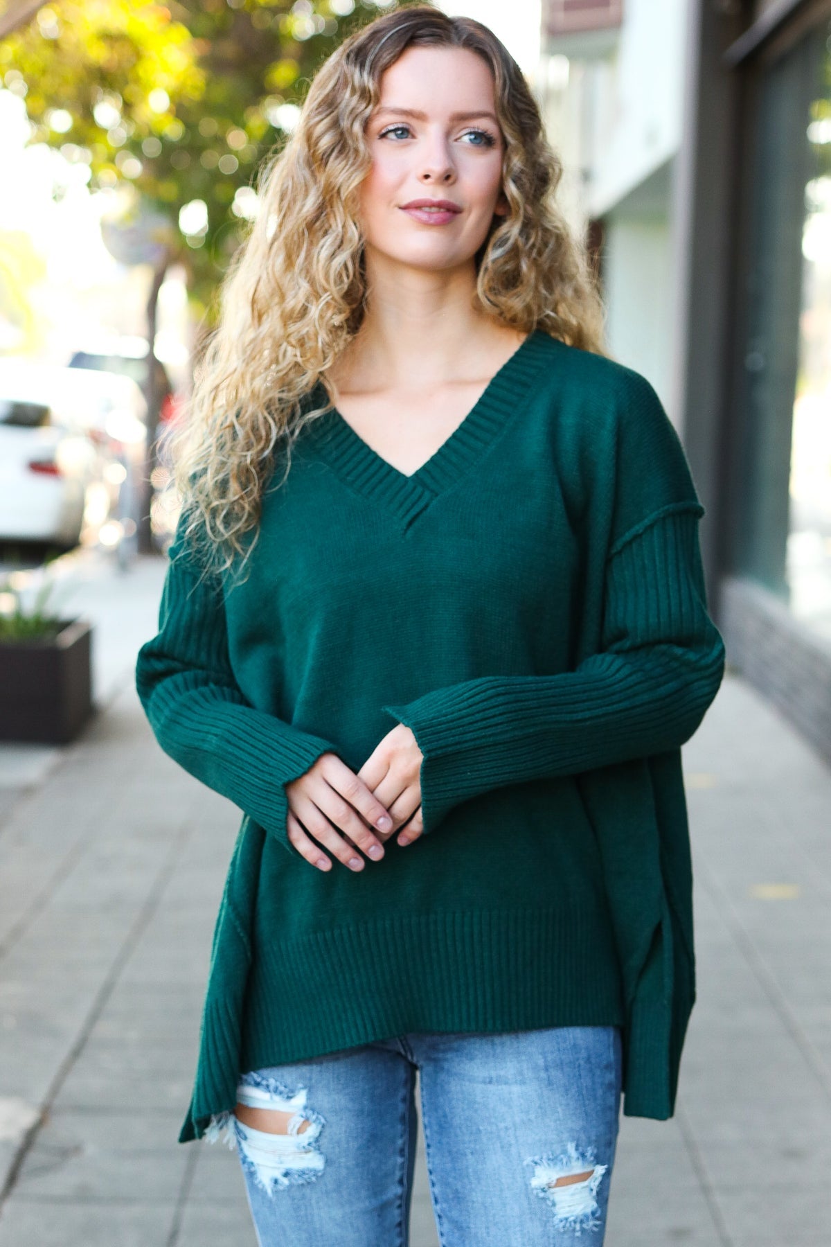 Haprics Hunter Green Oversized V Neck Rib Knit Sweater