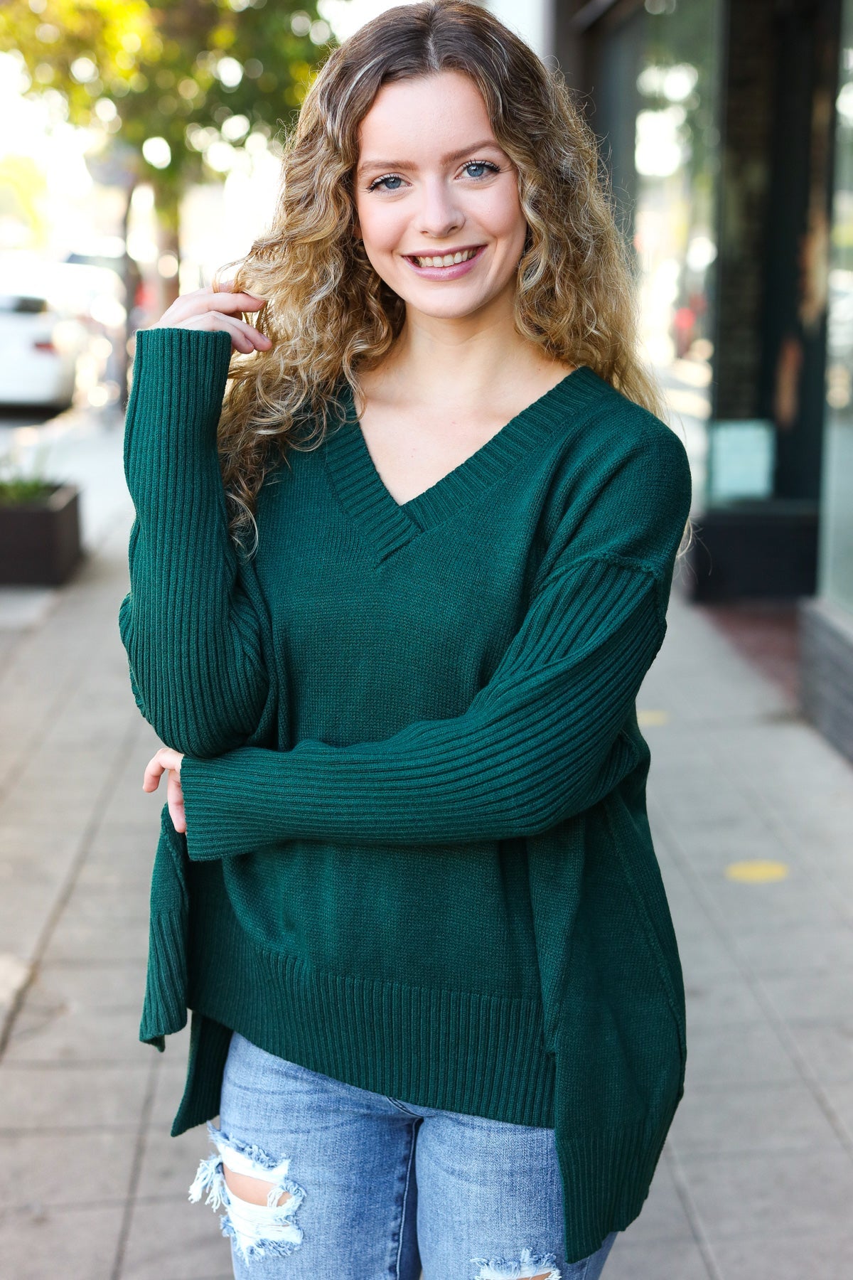 Haprics Hunter Green Oversized V Neck Rib Knit Sweater