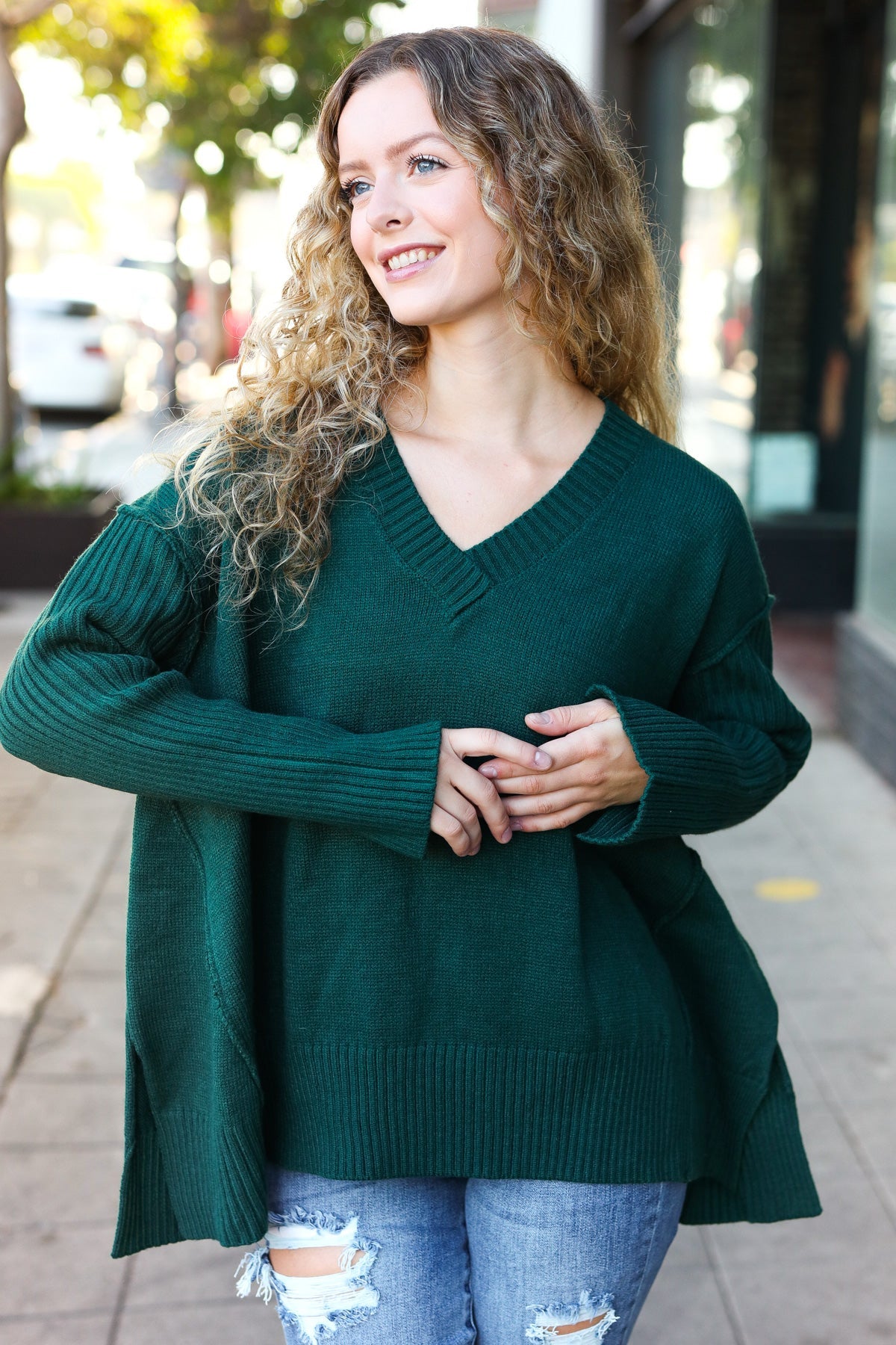 Haprics Hunter Green Oversized V Neck Rib Knit Sweater