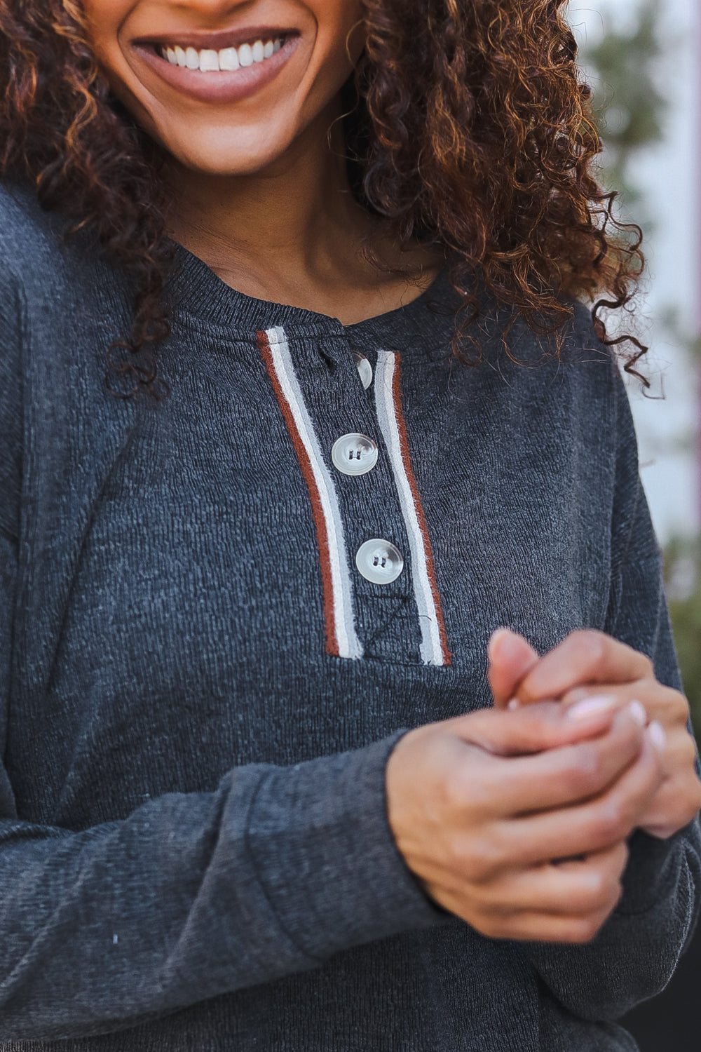 Grey Ribbed Knit Button Down Henley Pullover