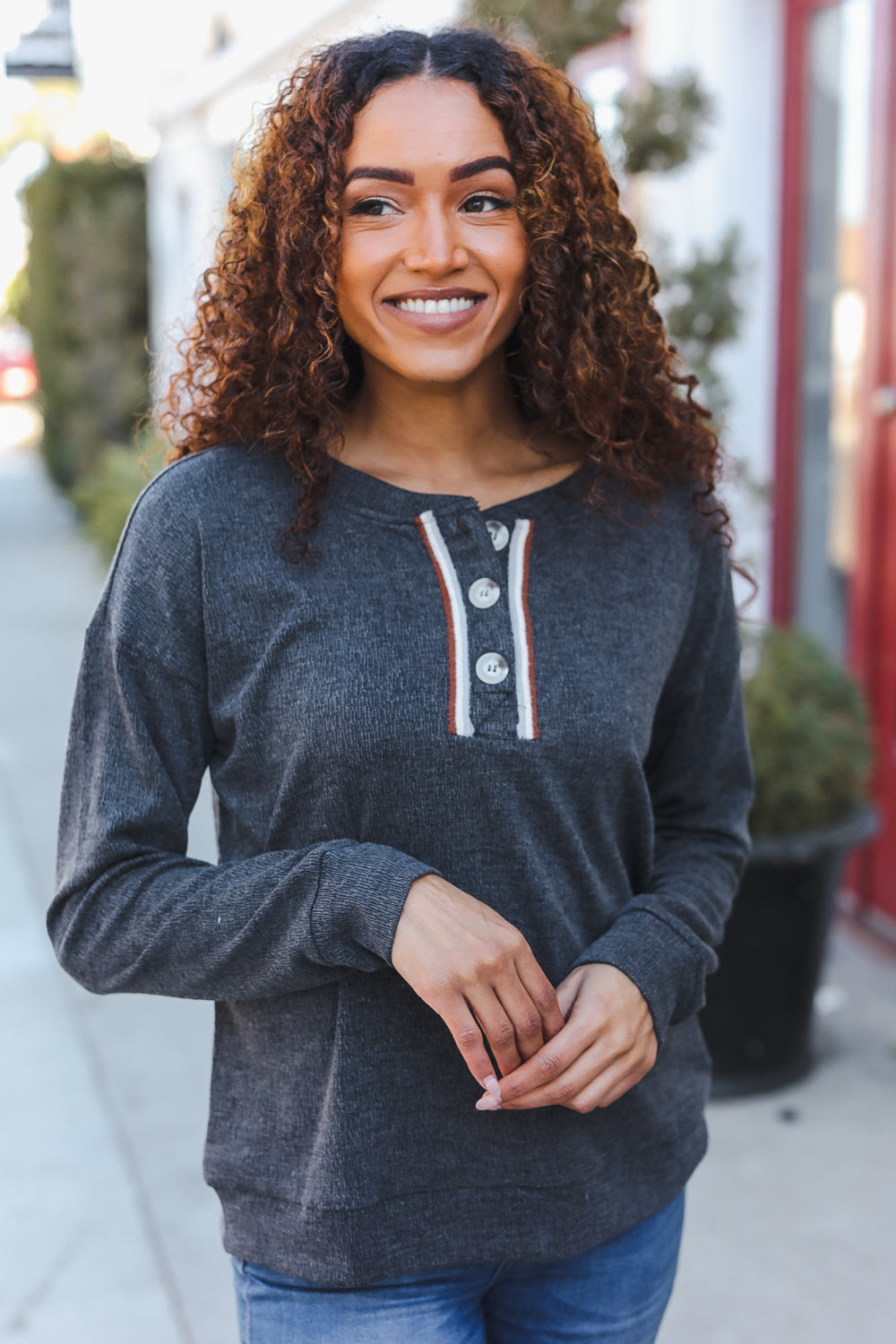 Grey Ribbed Knit Button Down Henley Pullover