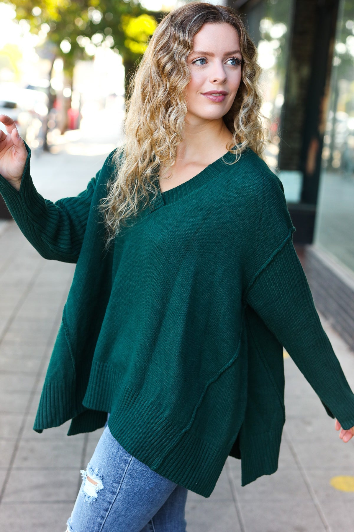 Haprics Hunter Green Oversized V Neck Rib Knit Sweater