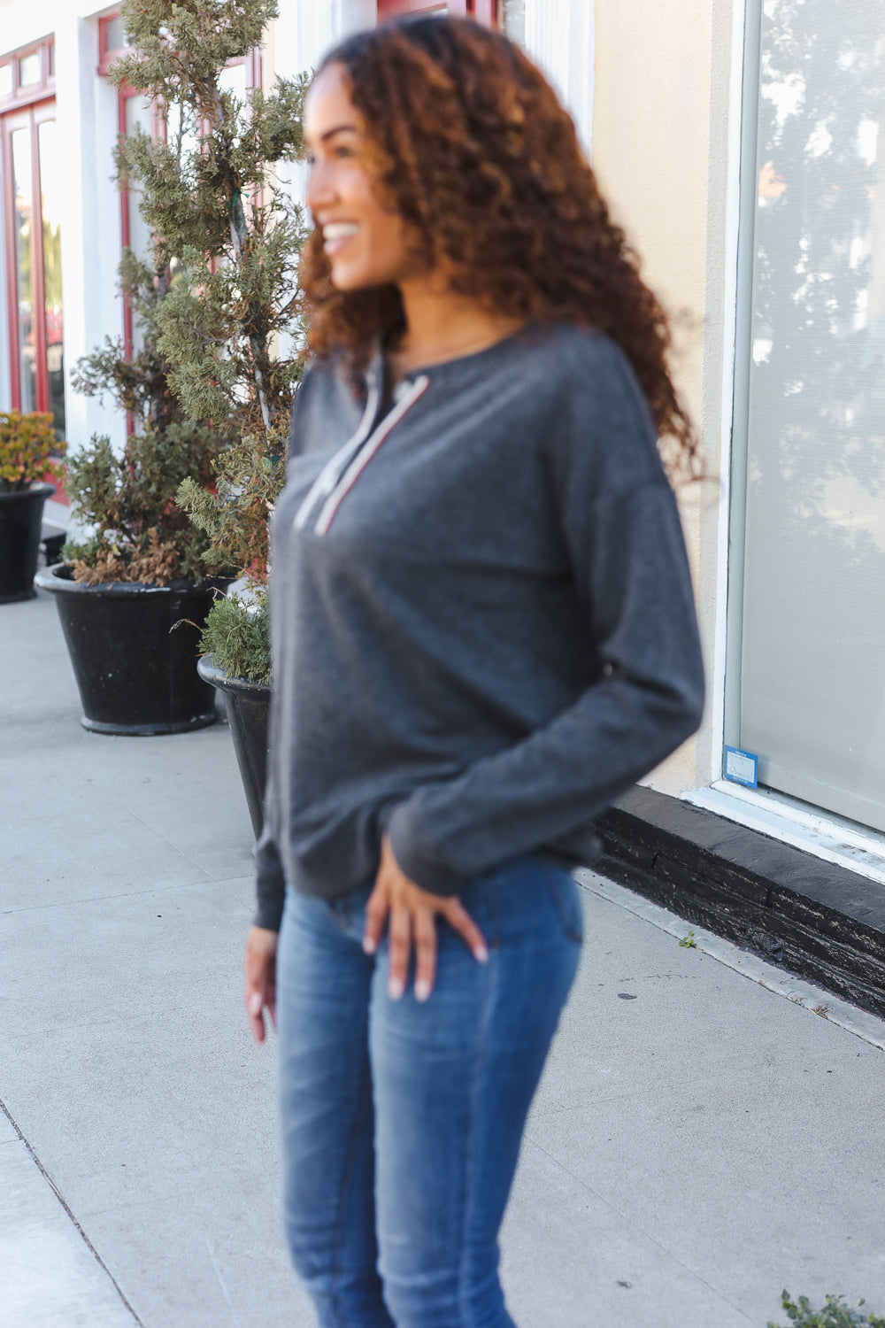 Grey Ribbed Knit Button Down Henley Pullover