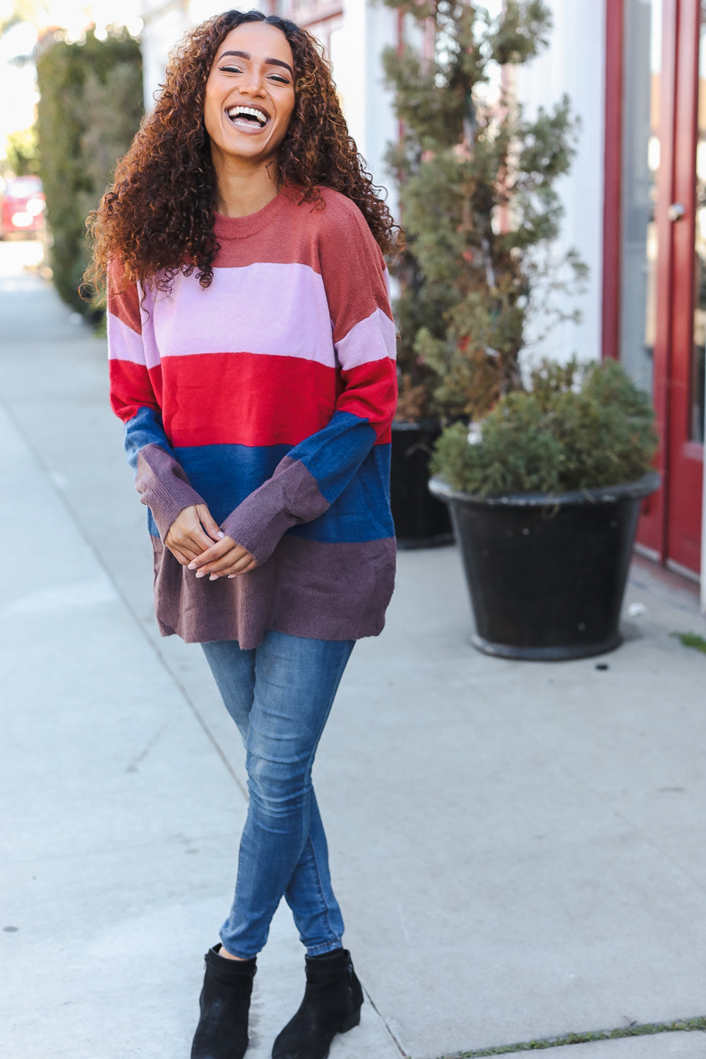 Lilac Multi-Stripe Ribbed Knit Sweater Pullover