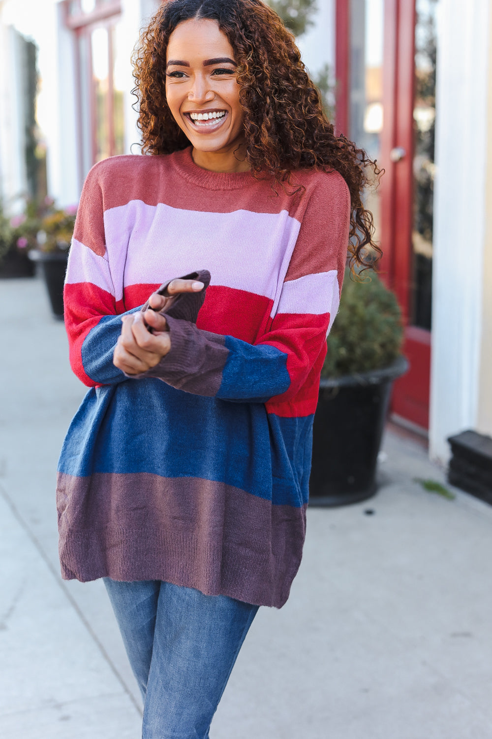 Lilac Multi-Stripe Ribbed Knit Sweater Pullover