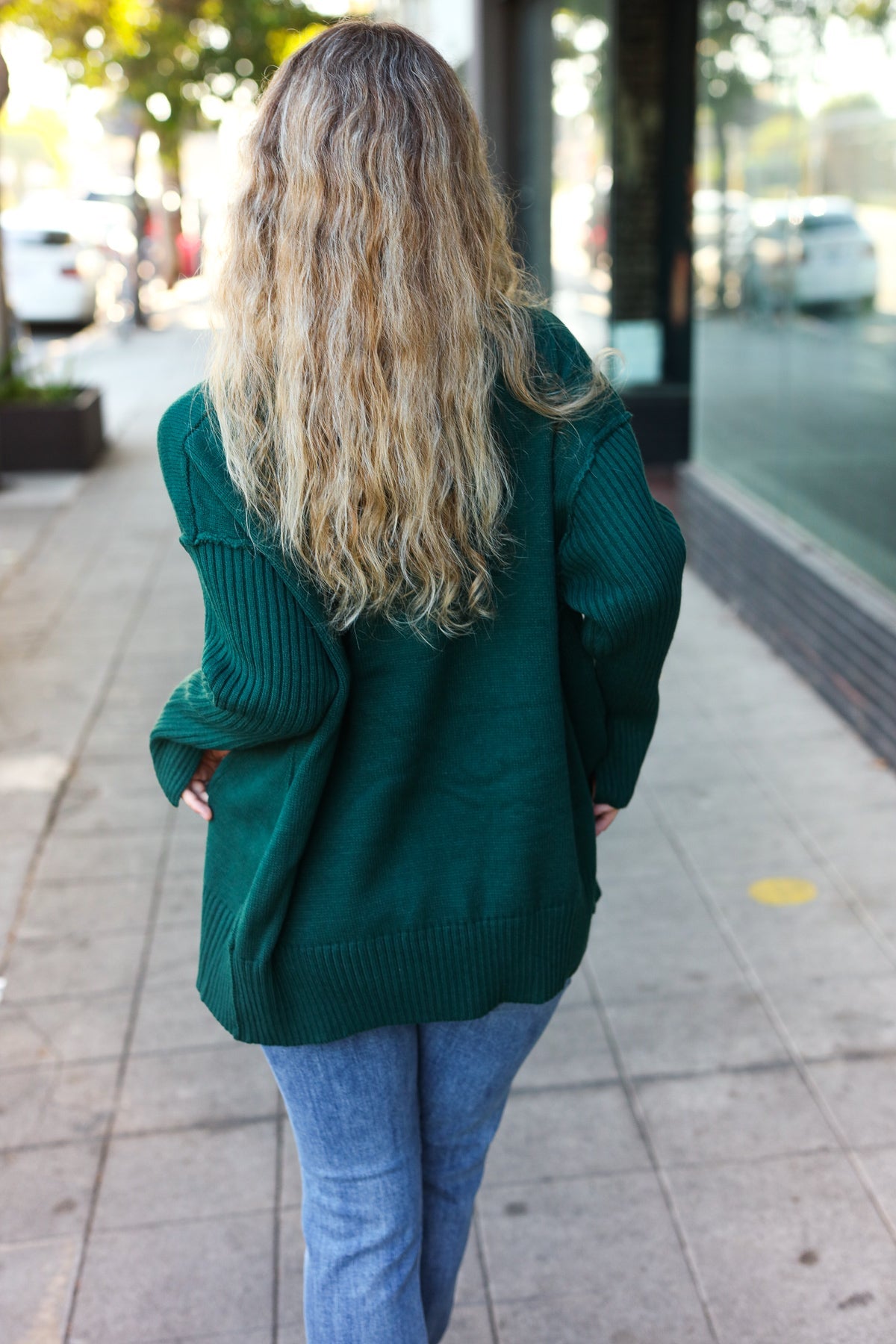 Haprics Hunter Green Oversized V Neck Rib Knit Sweater