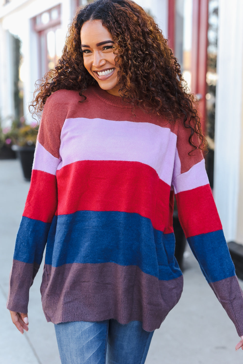 Lilac Multi-Stripe Ribbed Knit Sweater Pullover