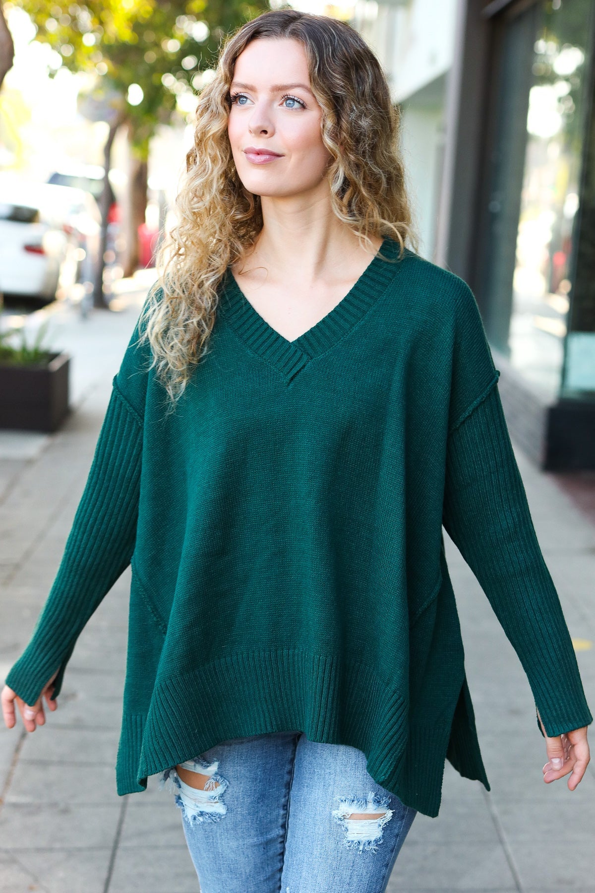 Haprics Hunter Green Oversized V Neck Rib Knit Sweater