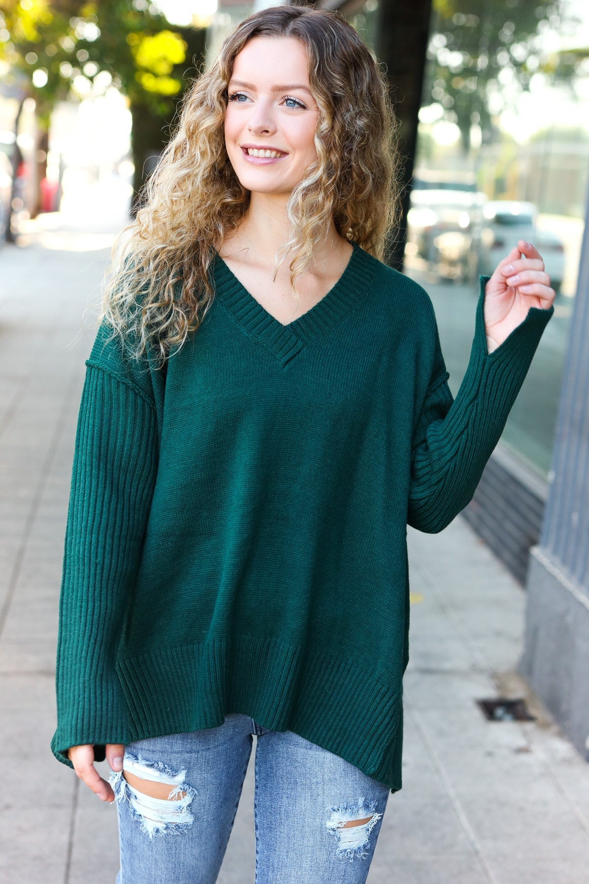 Haprics Hunter Green Oversized V Neck Rib Knit Sweater