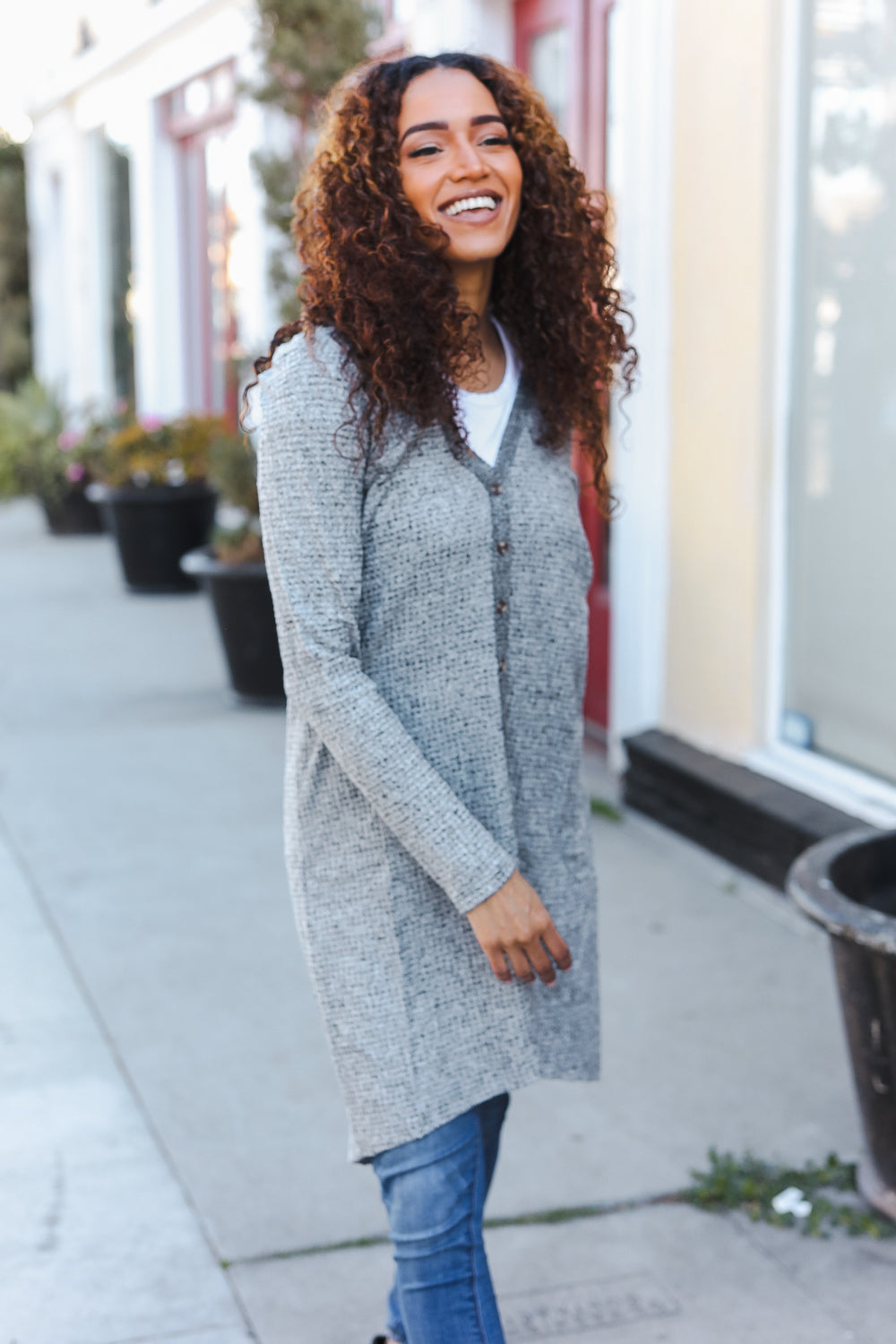 Grey Brushed Knit Crochet Button Down Duster Cardigan