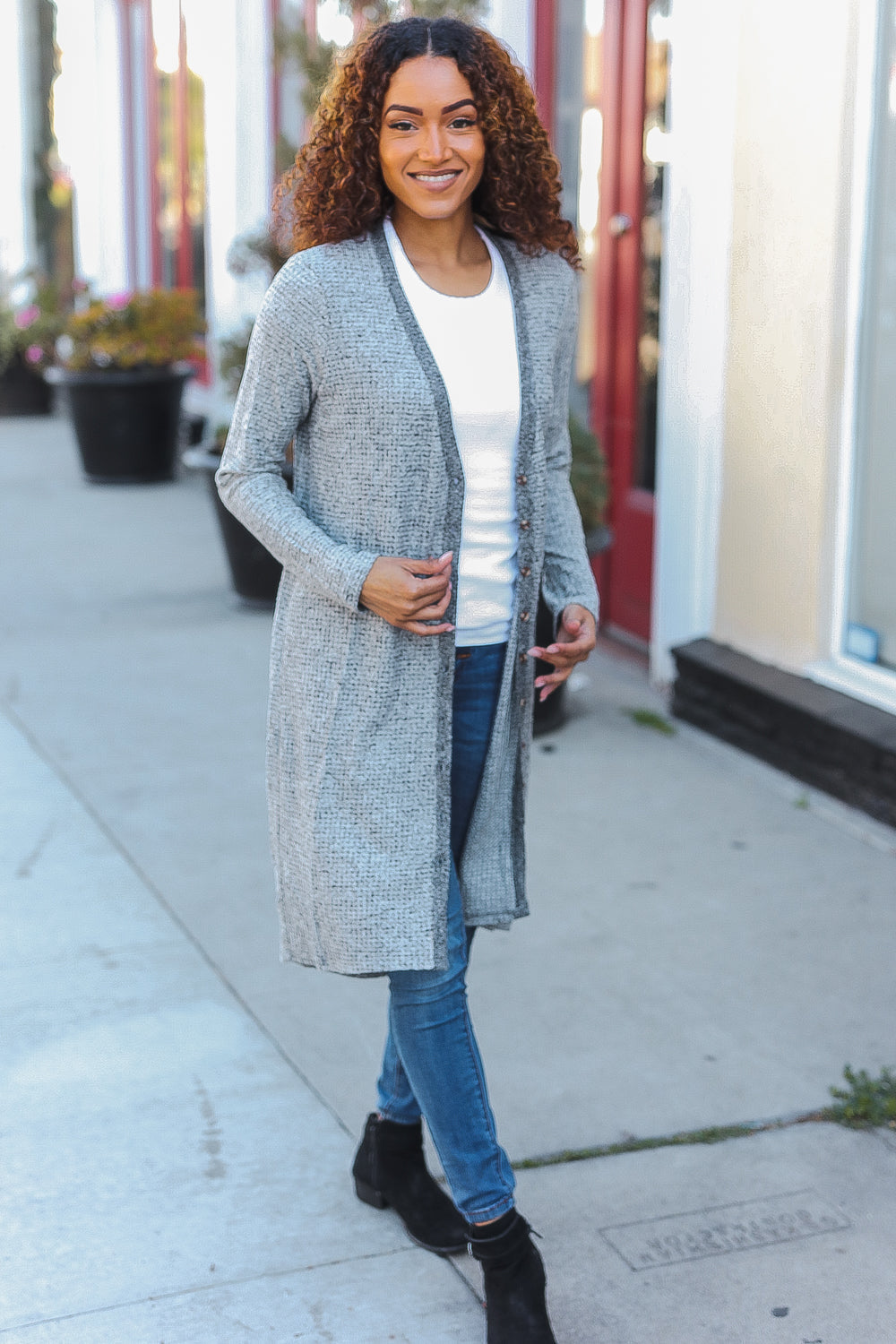 Grey Brushed Knit Crochet Button Down Duster Cardigan