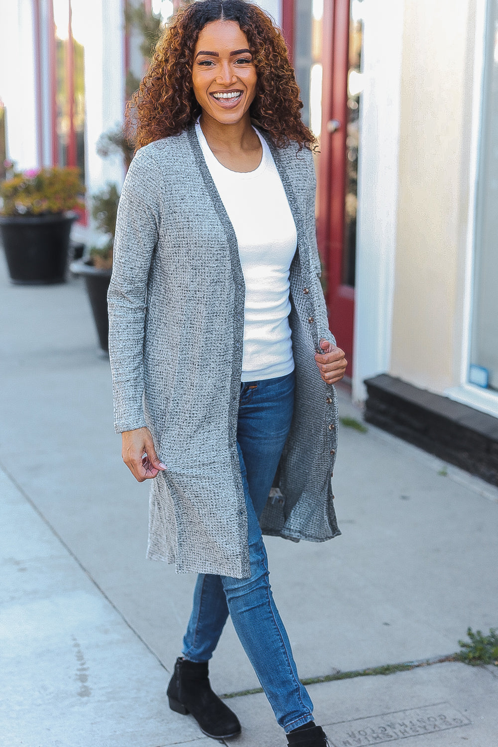 Grey Brushed Knit Crochet Button Down Duster Cardigan