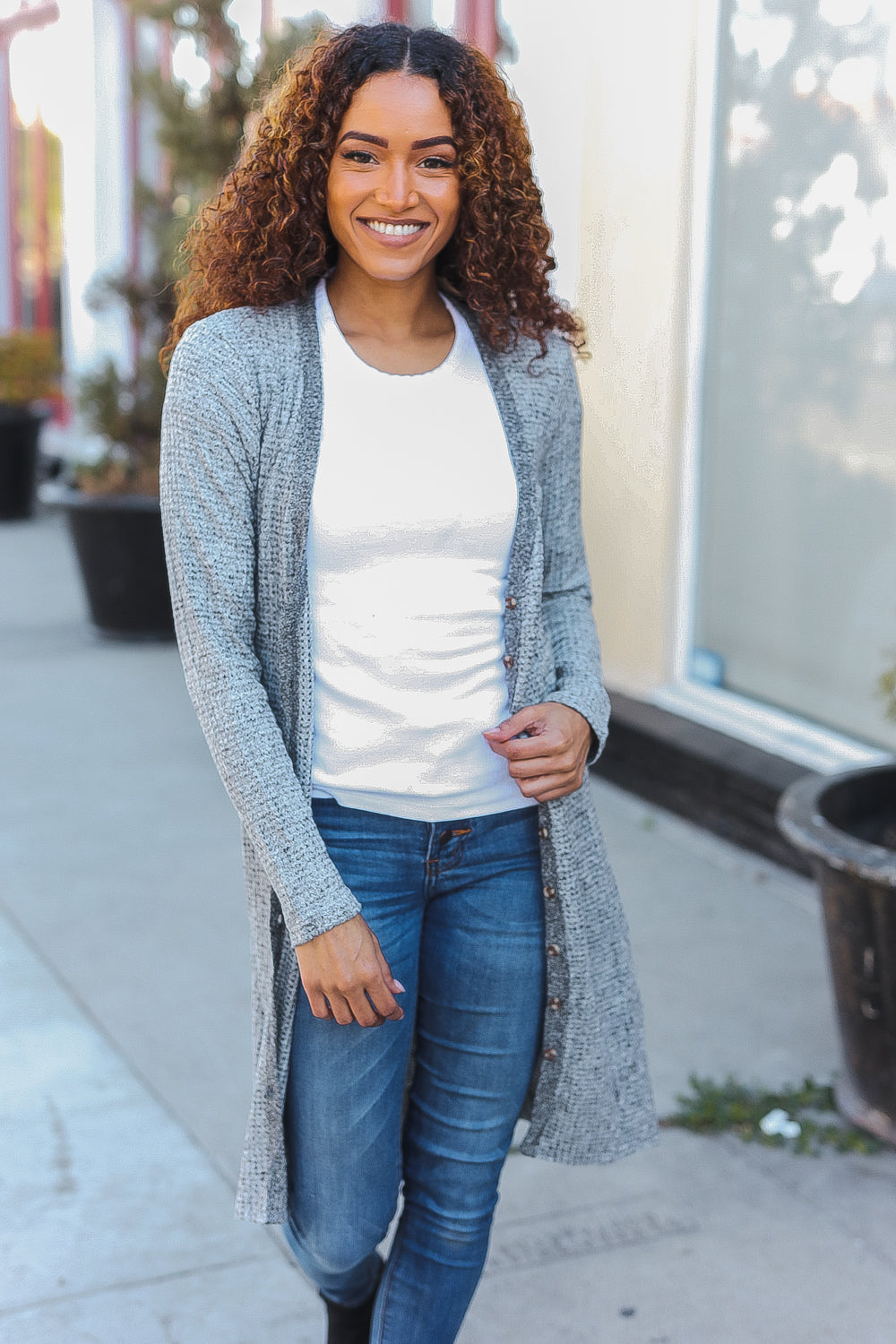 Grey Brushed Knit Crochet Button Down Duster Cardigan