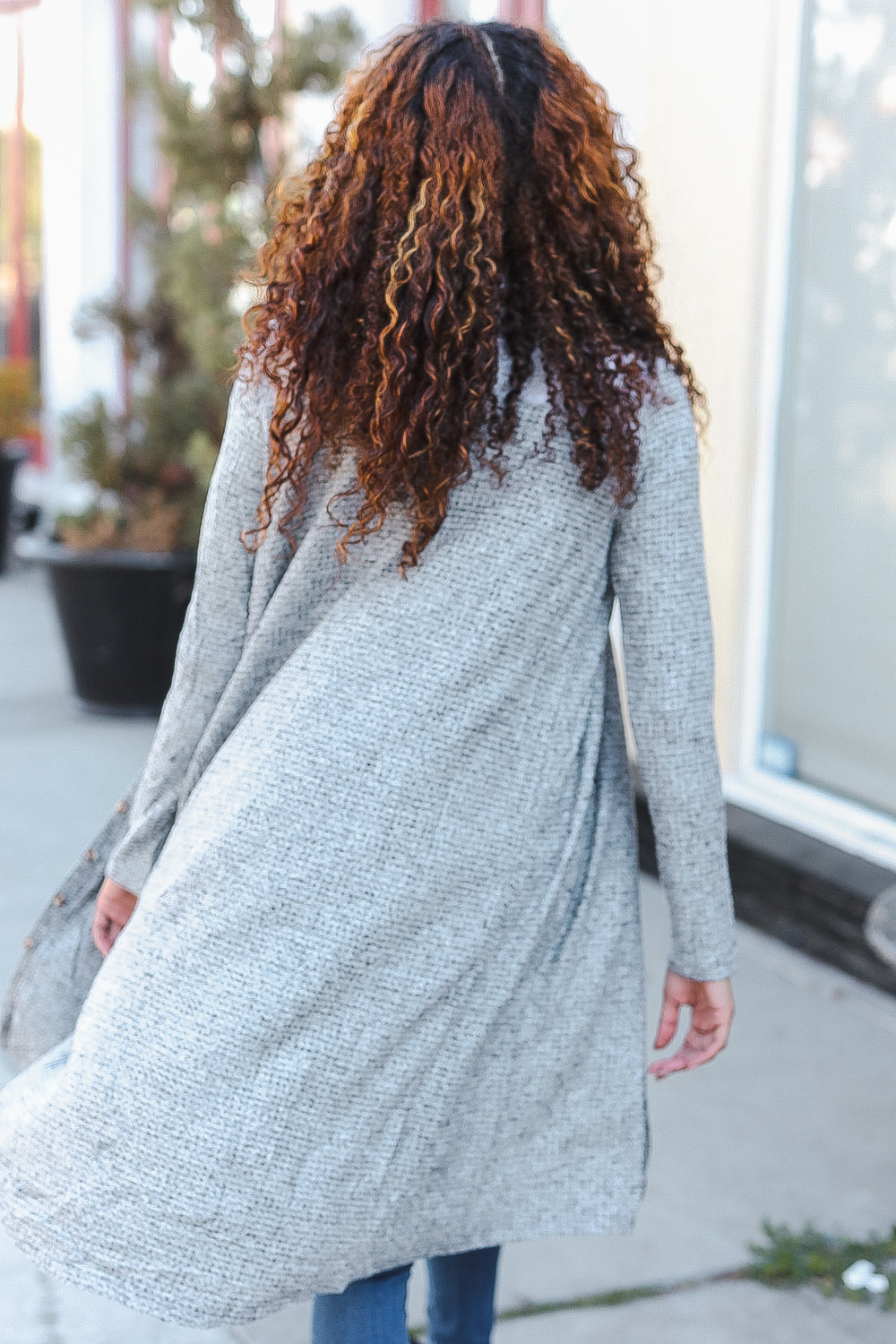 Grey Brushed Knit Crochet Button Down Duster Cardigan