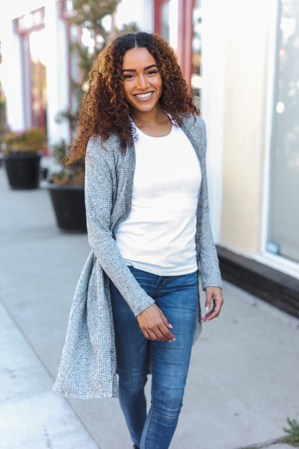 Grey Brushed Knit Crochet Button Down Duster Cardigan