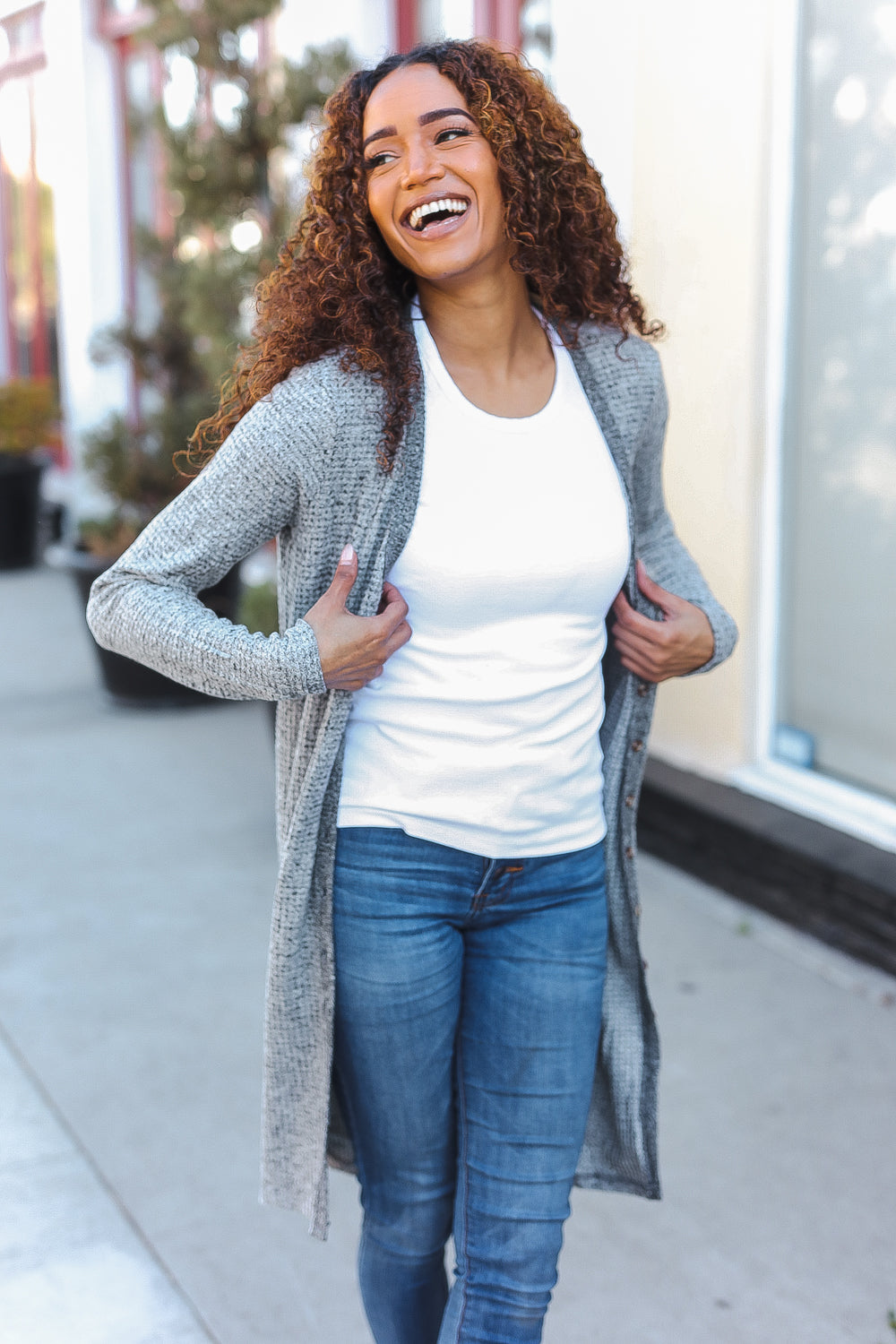 Grey Brushed Knit Crochet Button Down Duster Cardigan