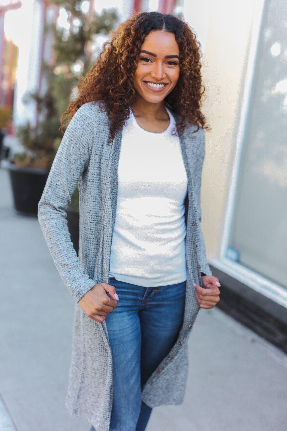 Grey Brushed Knit Crochet Button Down Duster Cardigan