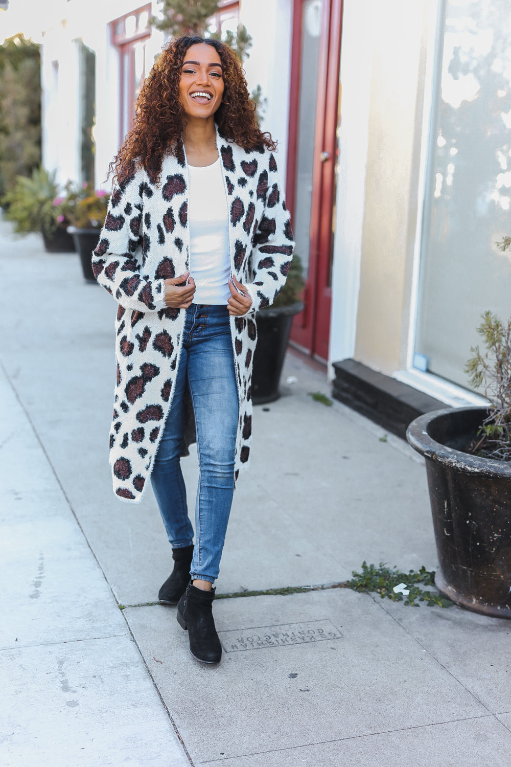 Cream Fury Knit Animal Print Open Duster Cardigan