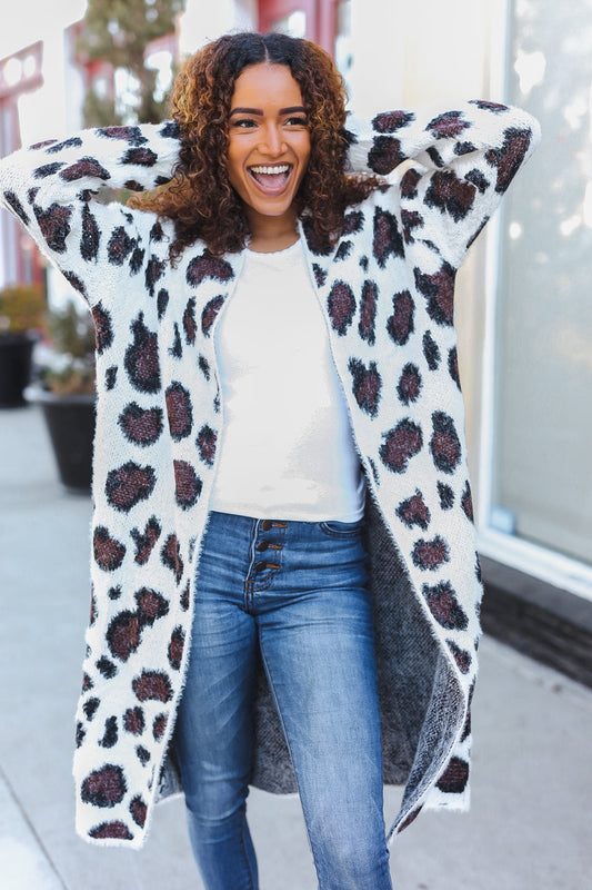 Cream Fury Knit Animal Print Open Duster Cardigan