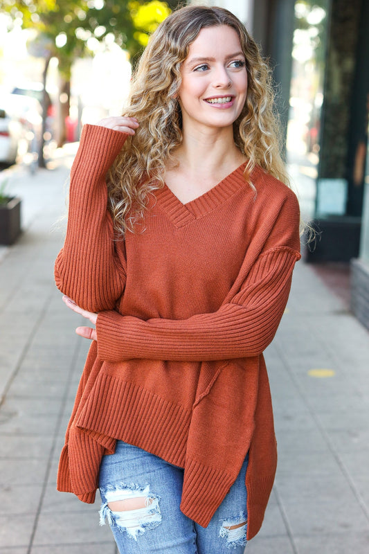 Haptics Rust Oversized V Neck Rib Knit Sweater