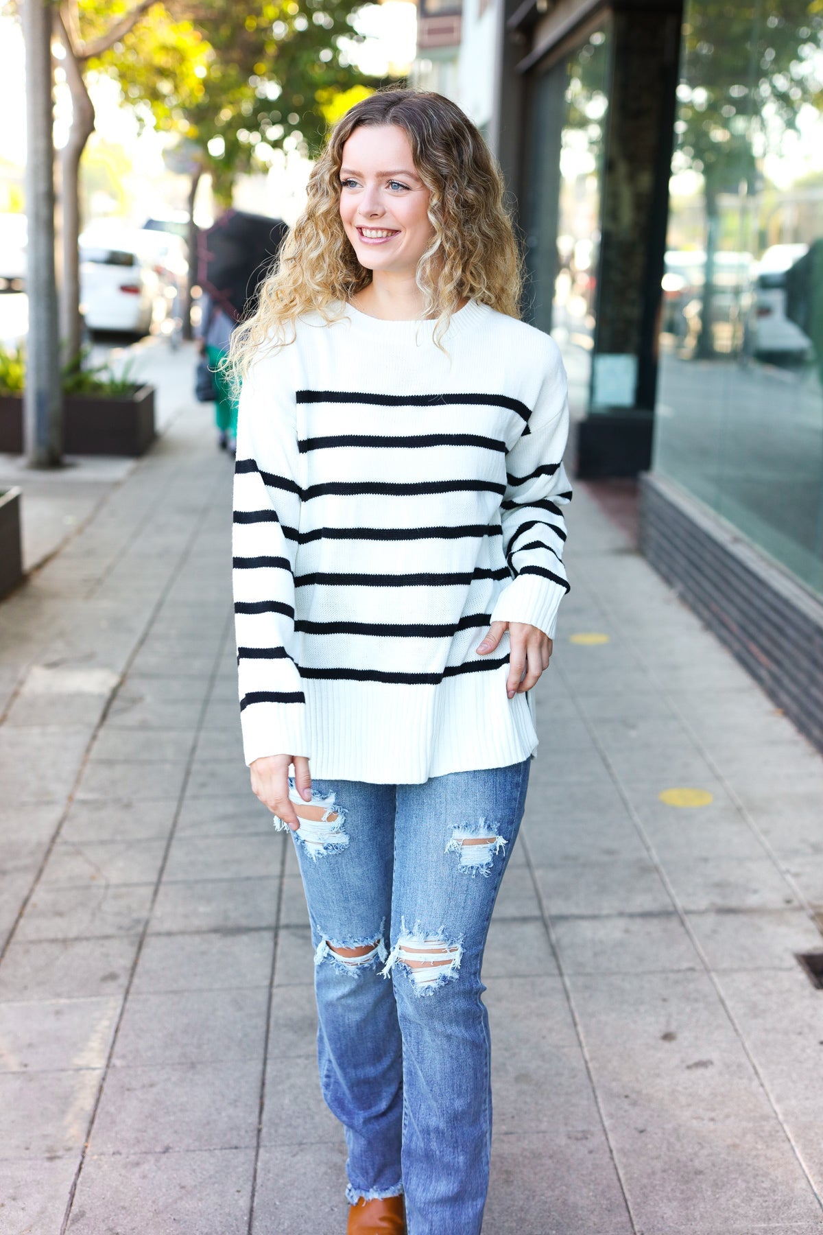 Haptics Ivory Striped Oversized Knit Sweater