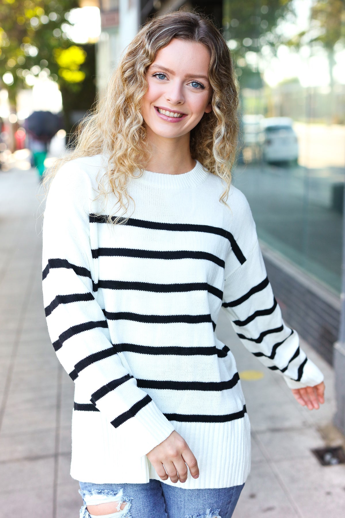 Haptics Ivory Striped Oversized Knit Sweater