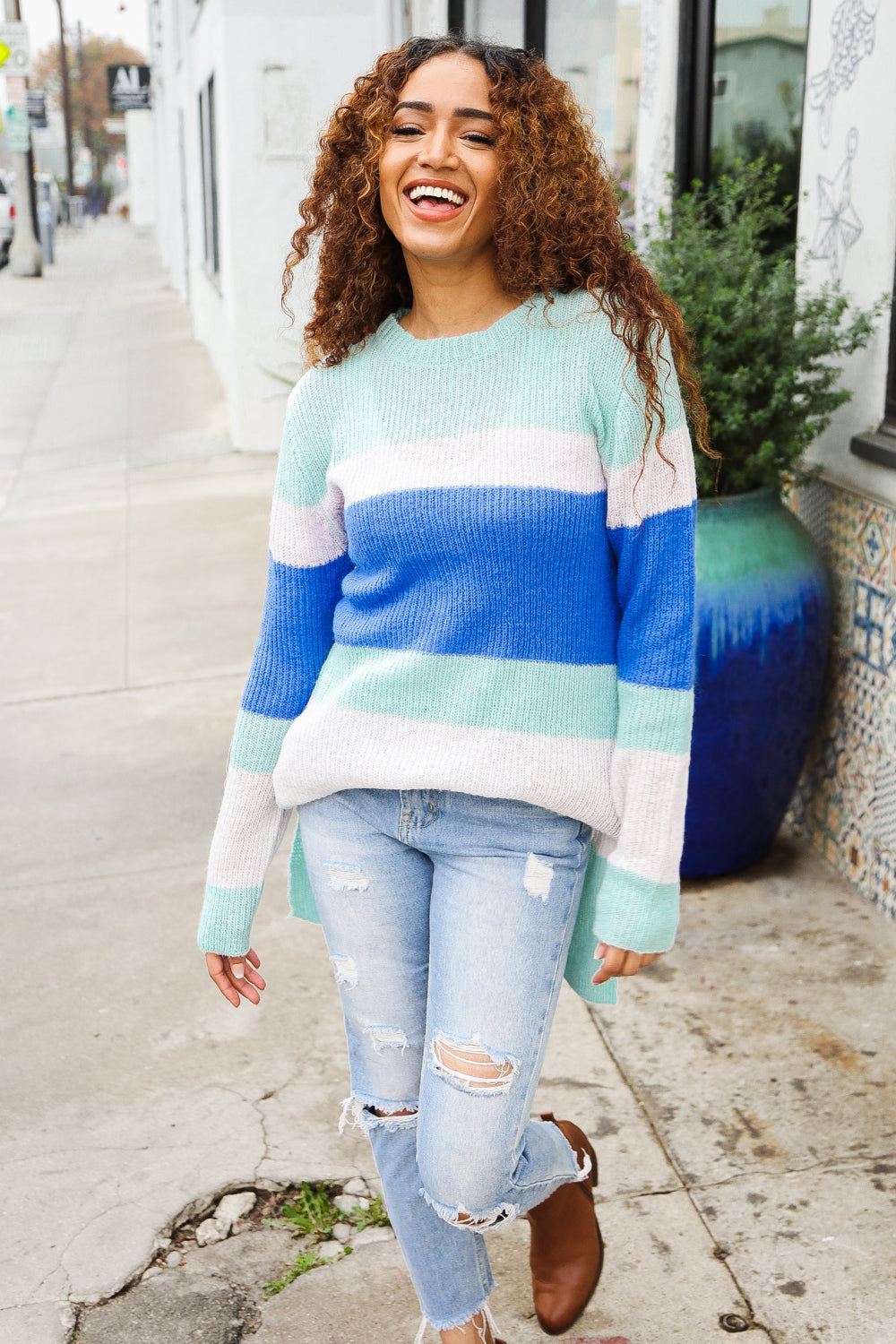 Mohair Mint/Blue Stripe Rib Knit Tunic Sweater