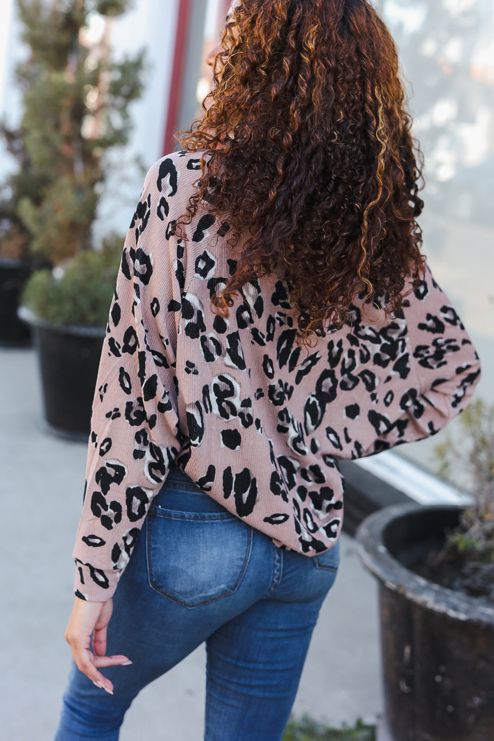 Beige Rib Animal Print Button Placard Dolman Pullover