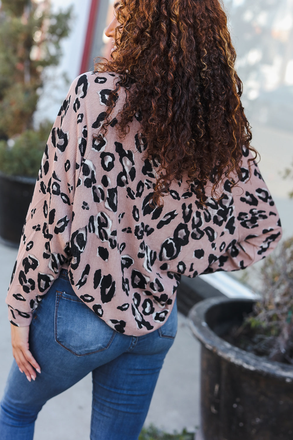 Beige Rib Animal Print Button Placard Dolman Pullover