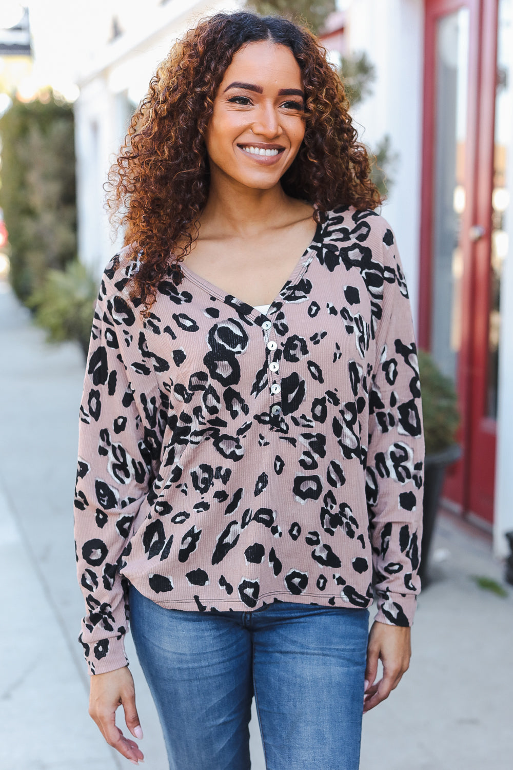 Beige Rib Animal Print Button Placard Dolman Pullover