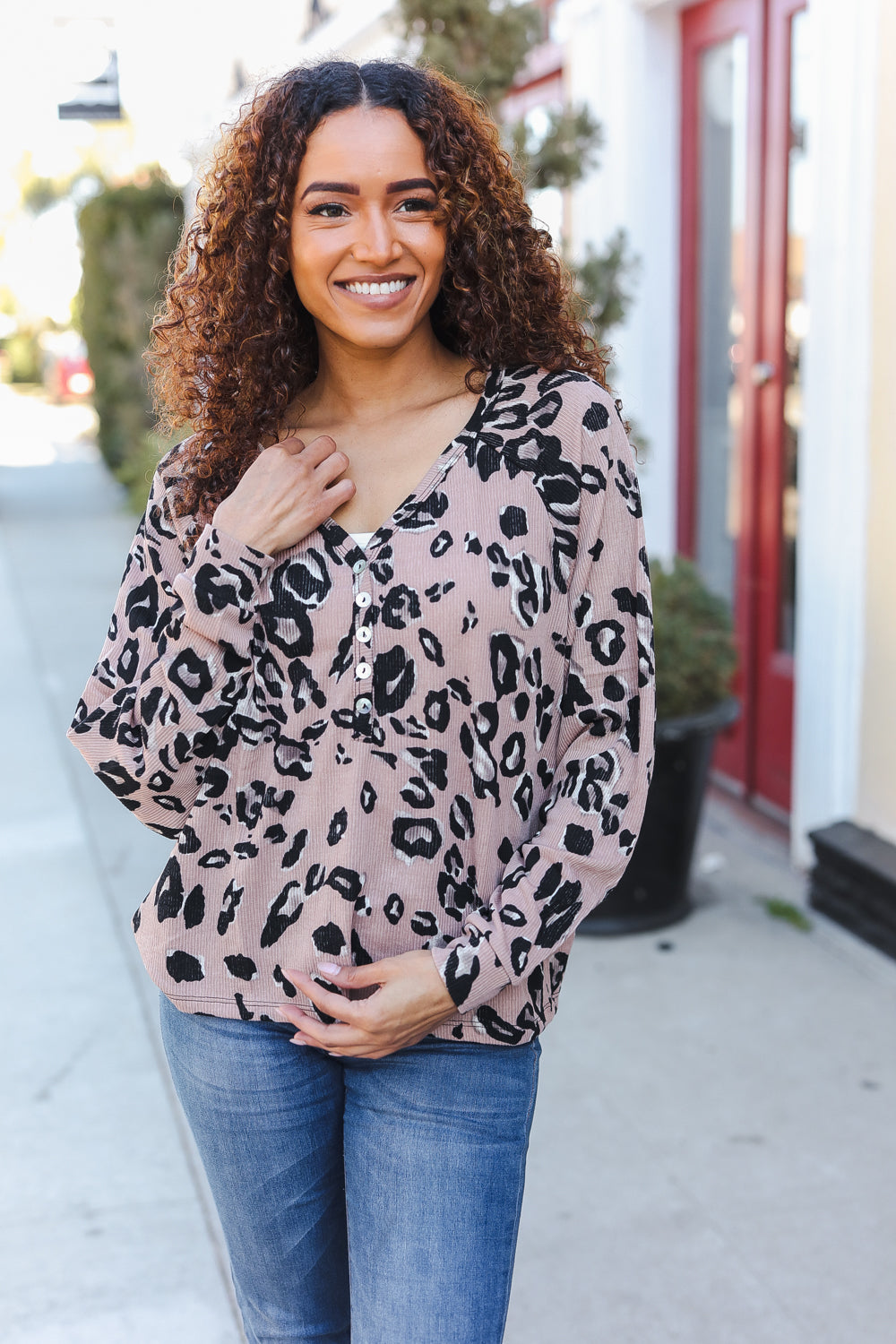 Beige Rib Animal Print Button Placard Dolman Pullover