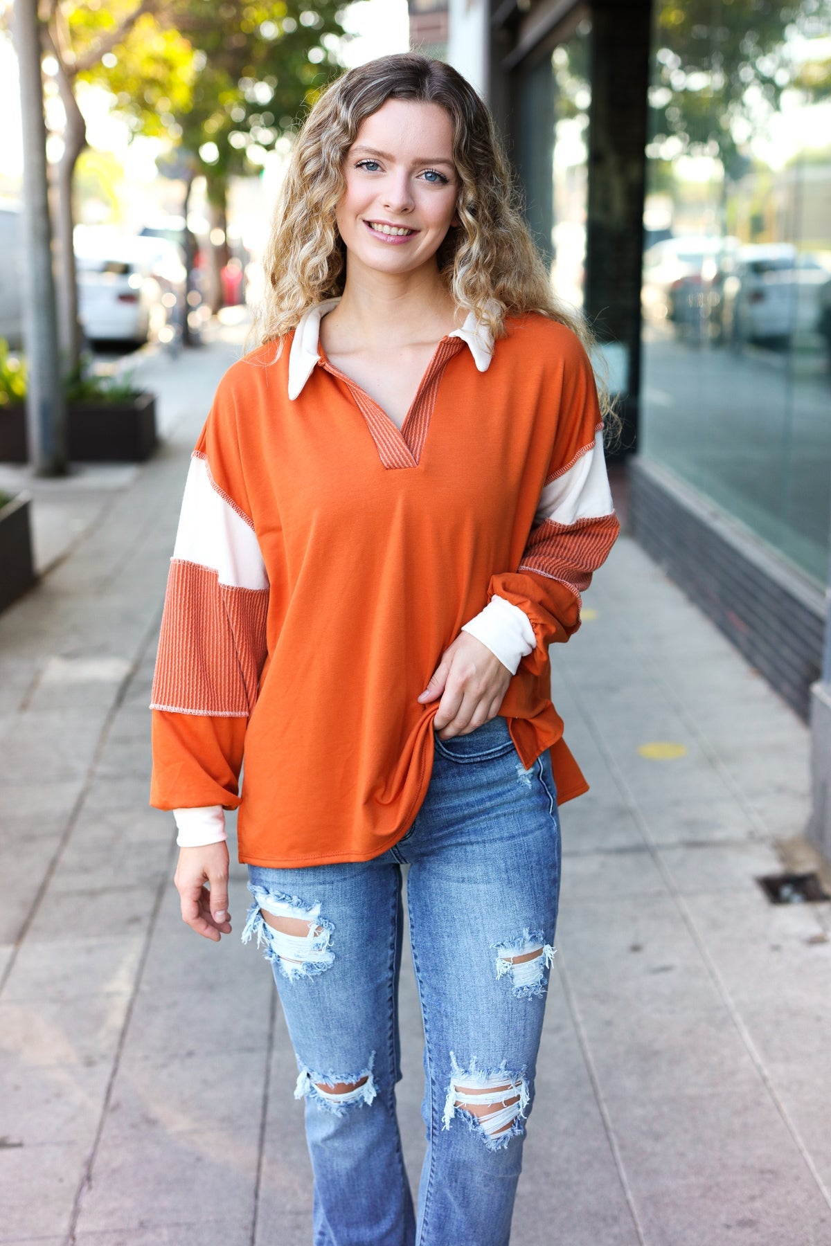 Haptics Rust Color Block Collared French Terry Top