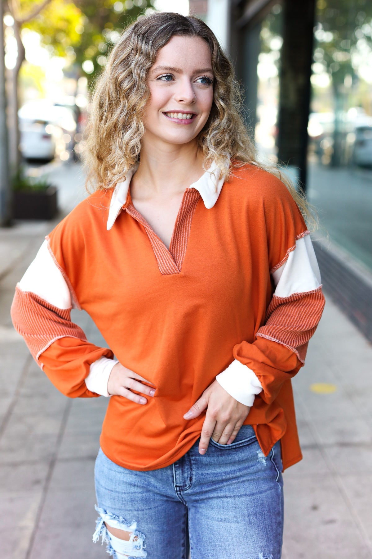 Haptics Rust Color Block Collared French Terry Top