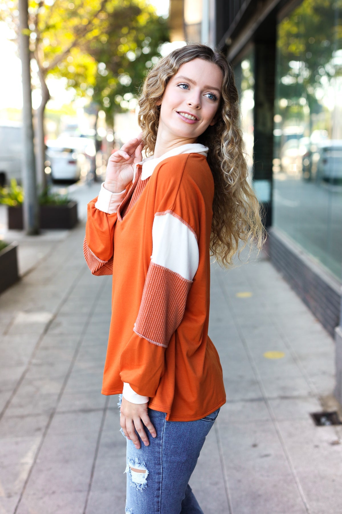 Haptics Rust Color Block Collared French Terry Top