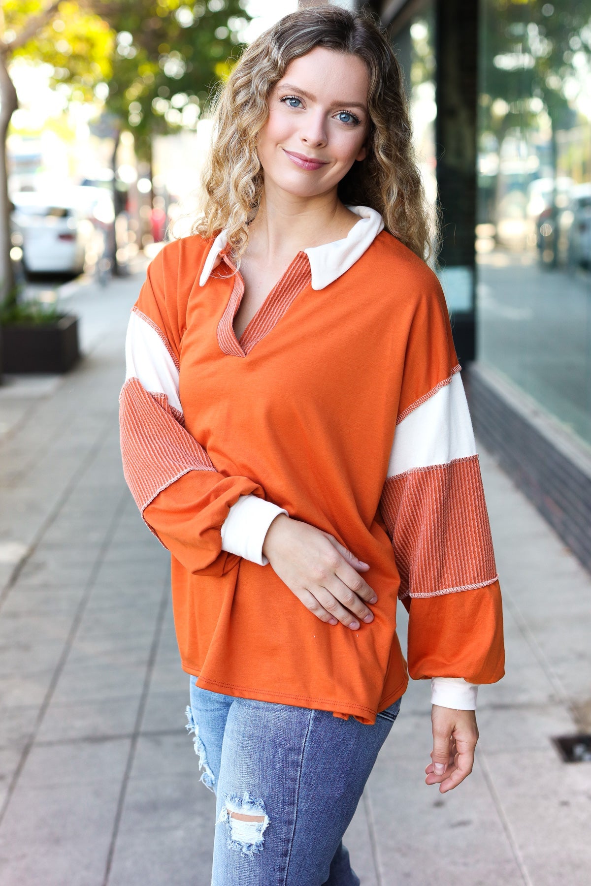 Haptics Rust Color Block Collared French Terry Top