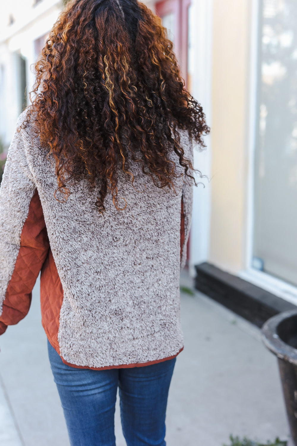 Brown Sherpa Quilted Snap Button Pullover