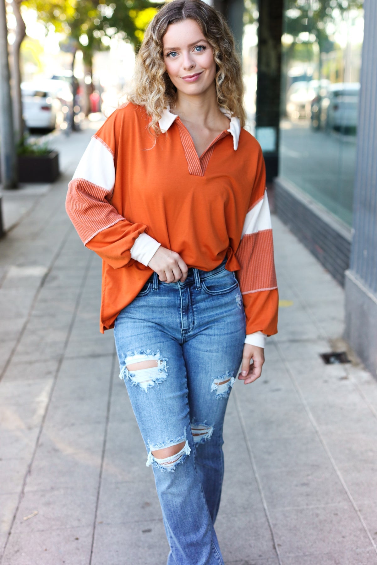 Haptics Rust Color Block Collared French Terry Top