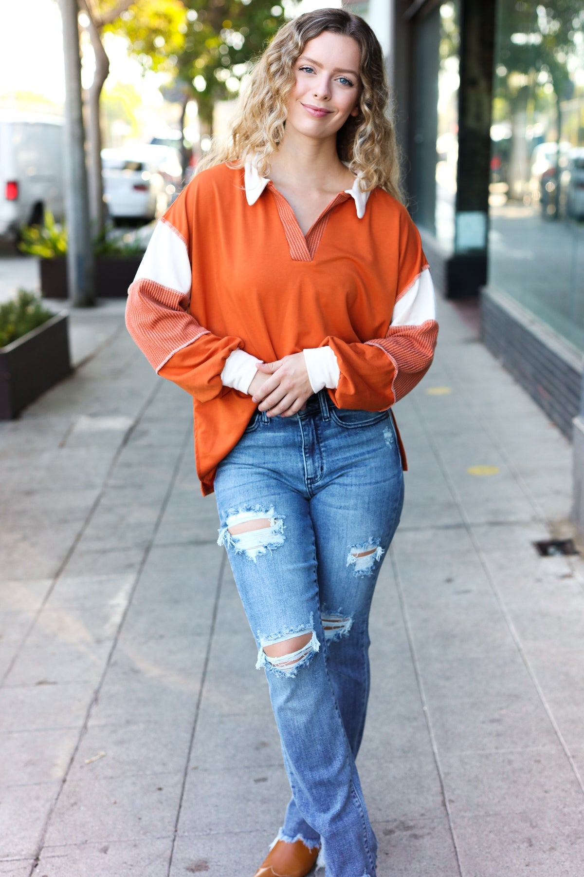 Haptics Rust Color Block Collared French Terry Top