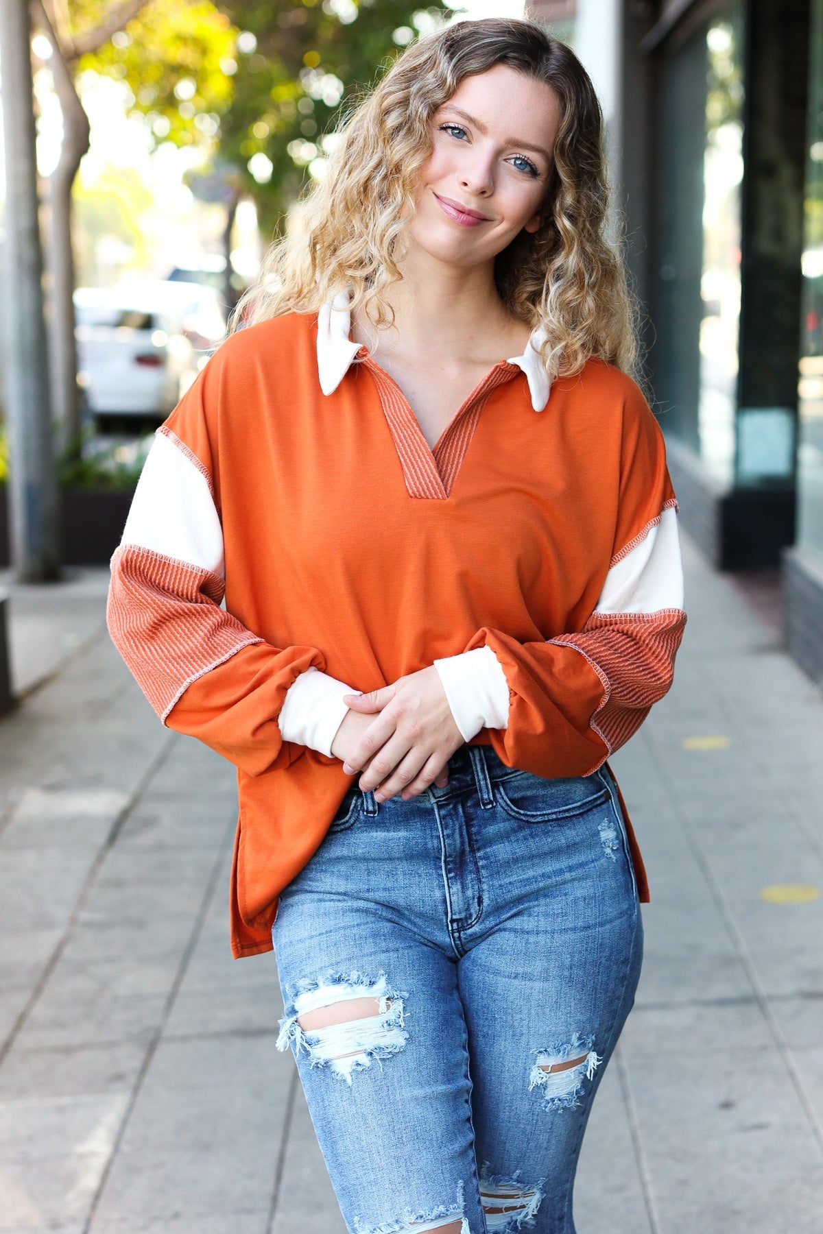 Haptics Rust Color Block Collared French Terry Top